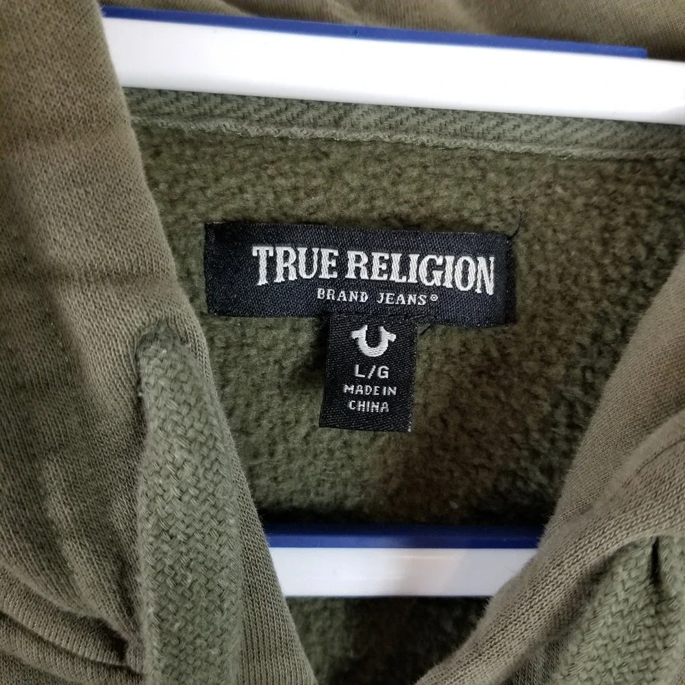 True Religion Mens Olive Green Horseshoe Graphic Full‎ Zip Hoodie Sweatshirt L